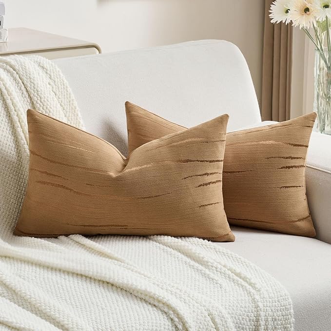 FUTEI Bronze Chenille Decorative Throw Pillow Covers 12x20 Inch Set of 2,Soft Embossed Striped Textured Lumbar Pillow Cases,Modern Home Decor for Couch Bed Living Room