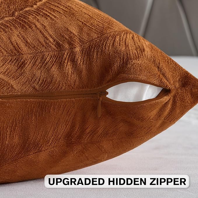 FUTEI Rust Velvet Throw Pillow Covers 18x18 Inch Set of 2,Soft Embossed Leaf-Relief Textured Cushion Cases,Natural Home Decor for Couch Living Room