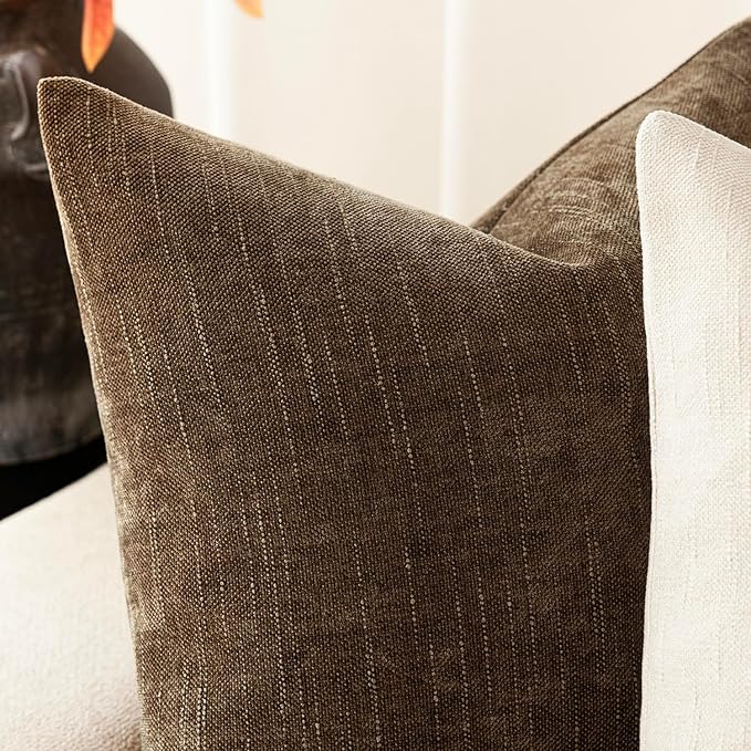 Foindtower Pack of 2 Textured Chenille Throw Decorative Pillow Covers Square Accent Solid Cushion Cover Neutral Farmhouse Lumbar Pillow Case for Couch Sofa Bedroom Living Room 12x20 Inch,Taupe Brown