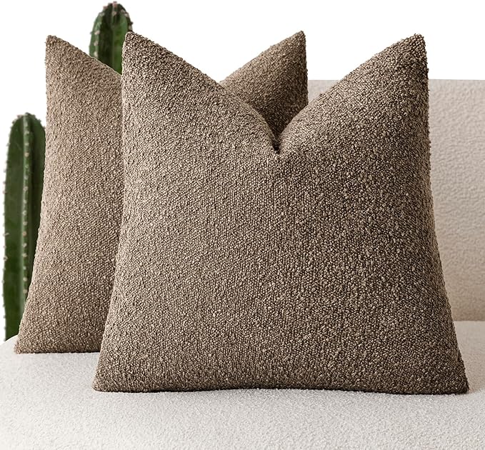 Foindtower Pack of 2, Decorative Textured Boucle Throw Pillow Covers Neutral Accent Solid Pillow Cases Cozy Soft Couch Cushion Case for Chair Sofa Bedroom Living Room Home Decor 22x22 Inch Light Brown