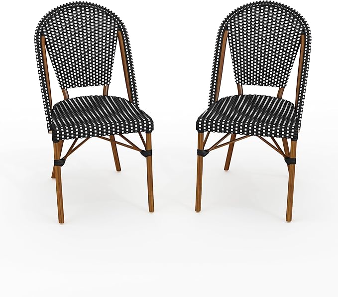 Martha Stewart Lily Pond Indoor-Outdoor Stackable Bistro Chairs with Natural Woodgrain Aluminum Frame Finish, Black/White Woven Rattan Backrests/Seats, Set of 2
