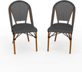 Martha Stewart Lily Pond Indoor-Outdoor Stackable Bistro Chairs with Natural Woodgrain Aluminum Frame Finish, Black/White Woven Rattan Backrests/Seats, Set of 2
