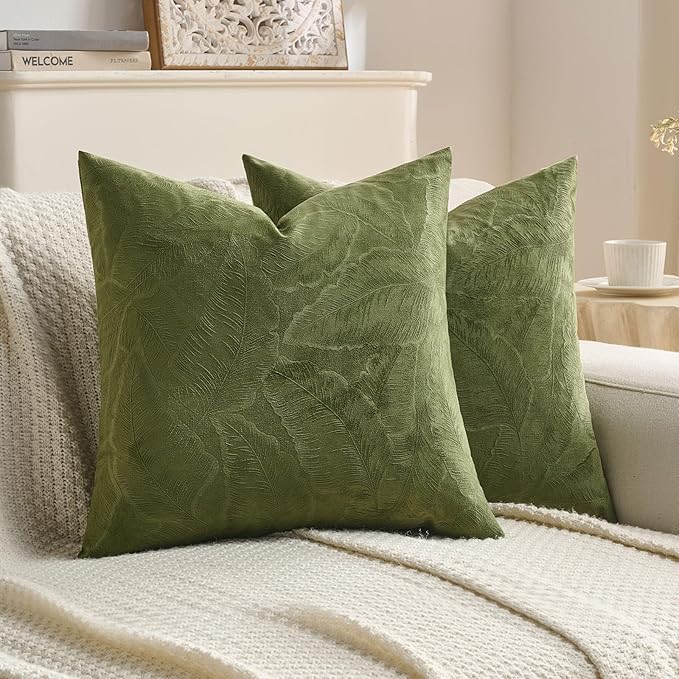 FUTEI Moss Green Velvet Throw Pillow Covers 26x26 Inch Set of 2,Soft Embossed Leaf-Relief Textured Euro Pillow Shams,Natural Home Decor for Couch Living Room
