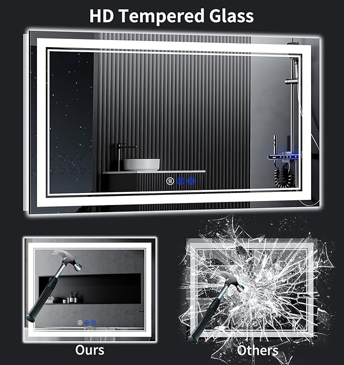 60"x30" LED Bathroom Mirror with Anti-Fog, Stepless Dimmable Lights, 3 Color Modes, Shatter-Proof Tempered Glass, Memory Function & Waterproof Design