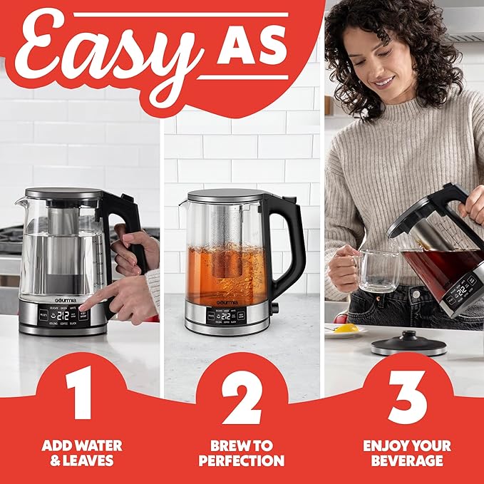 Gourmia Programmable Digital Glass Kettle – 1.7L Adjustable Temperature Electric Kettle with 6 Presets, Keep Warm, Stainless Steel Tea Infuser, 360° Swivel Base, Black