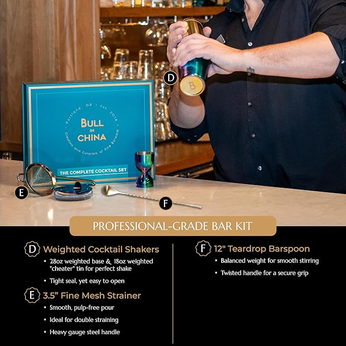 Shaken & Stirred Cocktail Set by Bull in China - Premium Bartender Gift Set w/ 2 Piece Weighted Shaker, Hammered Jigger, Hawthorne Strainer, Fine Mesh Strainer, Mixing Glass & Barspoon (Sliver)