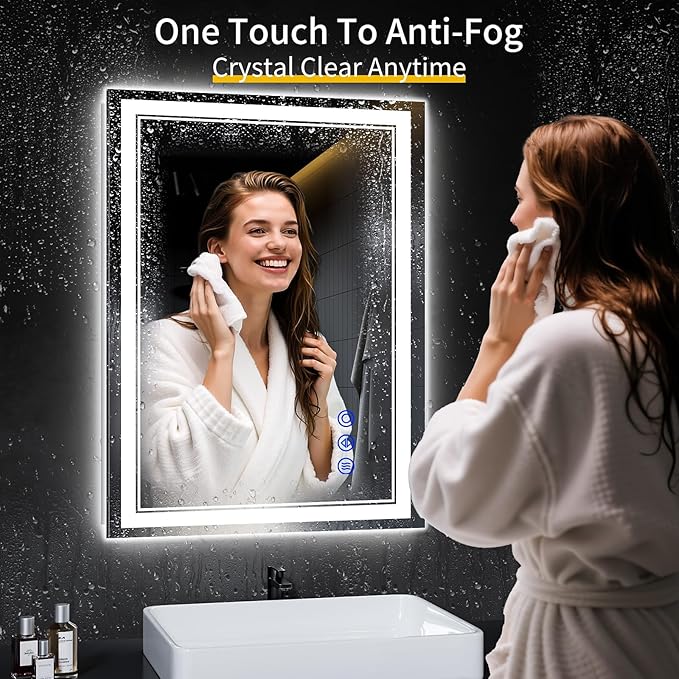 32"x24" LED Bathroom Mirror with Anti-Fog, Stepless Dimmable Lights, 3 Color Modes, Shatter-Proof Tempered Glass, Memory Function & Waterproof Design