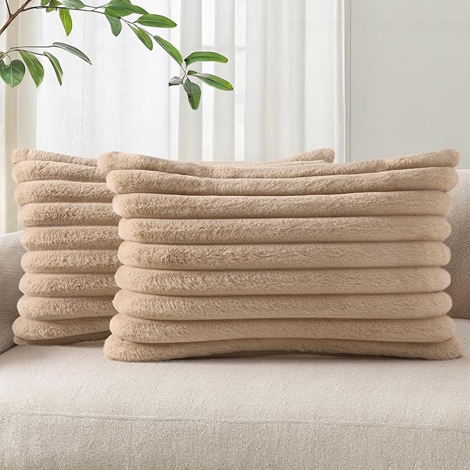 Pallene Faux Fur Plush Lumbar Throw Pillow Covers 12x20 Set of 2, Luxury Soft Fluffy Striped Decorative Pillow Covers for Sofa, Couch, Living Room, Khaki