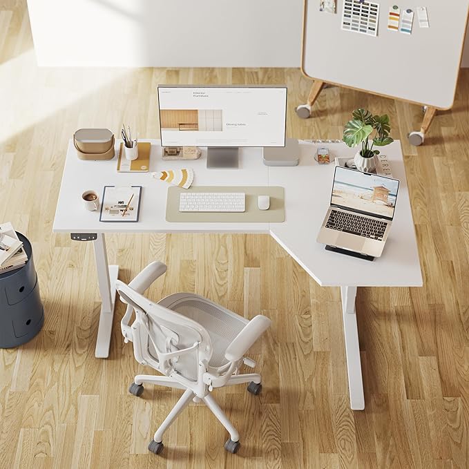 Agilestic Electric Standing Desk, L-Shaped 55 Inches Height Adjustable Desk, Sit and Stand up for Work Office Home, Ergonomic Rising Computer Table for Home Office with Splice Board, White