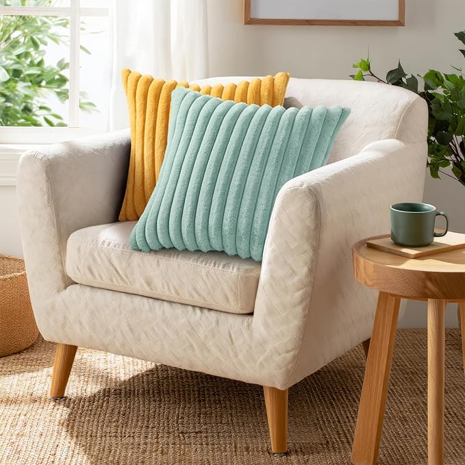 Pallene Faux Fur Plush Throw Pillow Covers 18x18 Set of 2, Luxury Soft Fluffy Striped Decorative Pillow Covers for Sofa, Couch, Living Room, Aqua