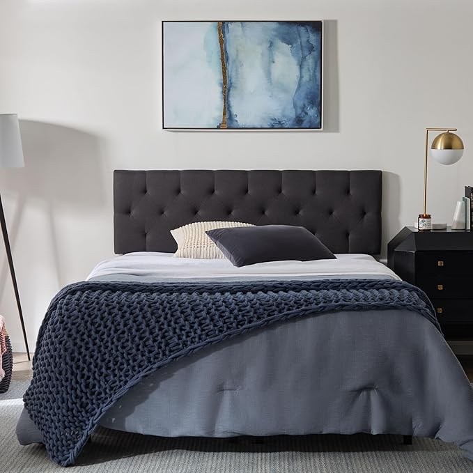 Lucid Mid-Rise Upholstered Headboard - Diamond Tufted - Padded Polyester - Adjustable Height from 34” to 46” - Easy Assembly - Bed Frame or Wall Mount - Sturdy - Charcoal - King / Cal King Size