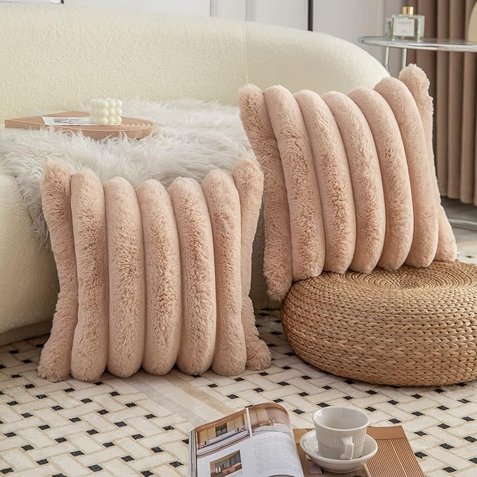 Neelvin Camel Faux Fur Cozy Soft Striped Decorative Throw Pillow Covers 20x20 inch Set of 2,Velvet Pillowcase Cushion Case for Sofa Couch
