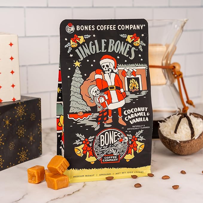Bones Coffee Company Jingle Bones, Caramel Vanilla Coconut Flavored Coffee, Medium Roast Low Acid Arabica Beans Compatible with Auto drip and French Press Coffee Maker, 12 Oz Whole Bean