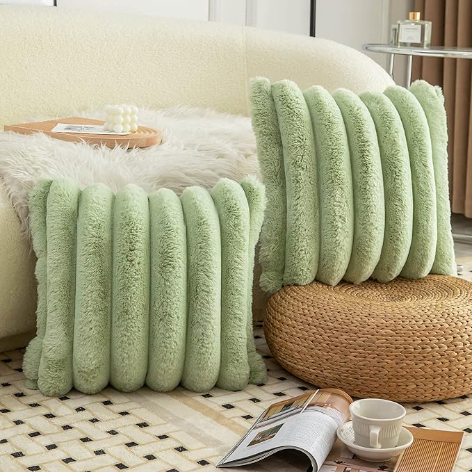 Neelvin Green Faux Fur Cozy Soft Striped Decorative Throw Pillow Covers 24x24 inch Set of 2,Velvet Pillowcase Cushion Case for Sofa Couch
