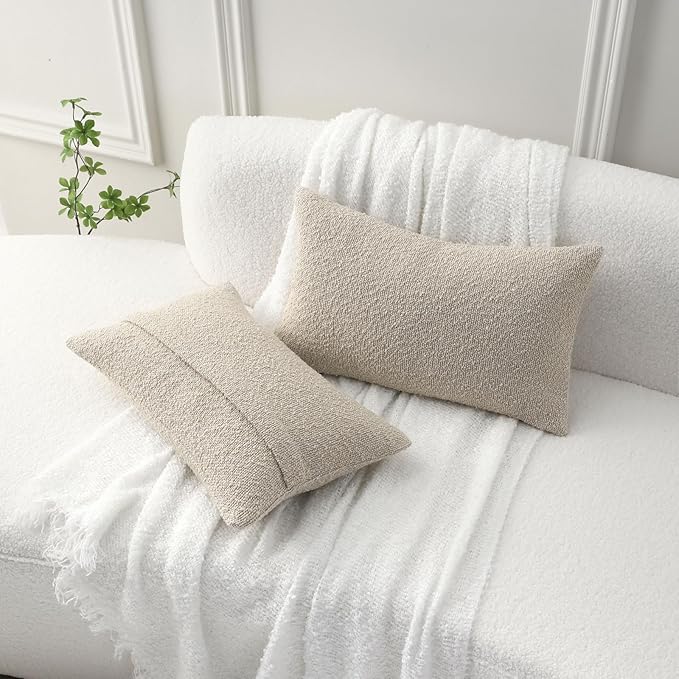 FUTEI Pack of 2 Beige Decorative Throw Pillow Covers 12x20 Inch Soft Cozy Solid Boucle Textured Lumbar Pillow Cases,Modern Home Decor for Couch Bed Living Room