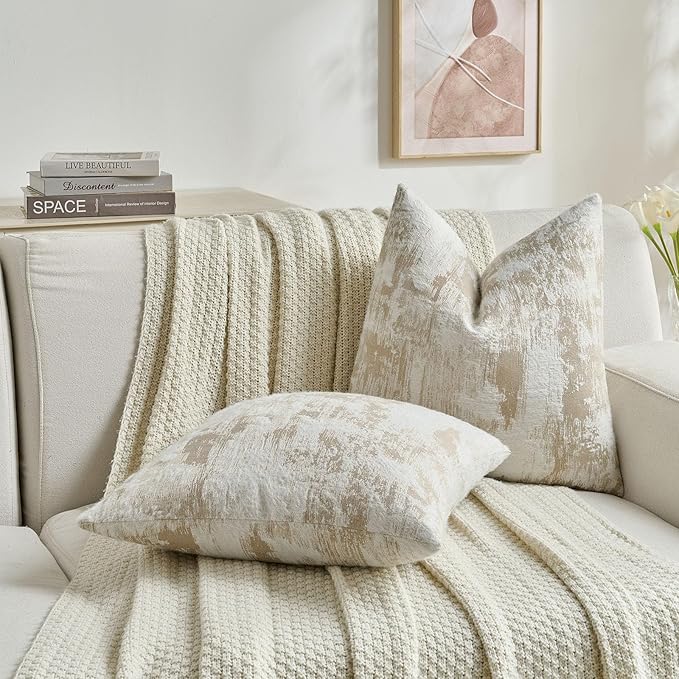 FUTEI Brown White Decorative Throw Pillow Covers 18x18 Inch Set of 2,Soft Faux Cashmere Jacquard - Textured & Cozy Cushion Case,Modern Home Decor for Couch Bed Living Room