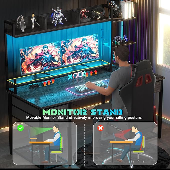 Aheaplus Desk with LED and Outlets, Gaming Desks with Hutch, 55.2'' Computer Desk with Drawers, Reversible Office Desk with Storage Bookshelf Large Workstation with Shelf, Desk for Home, Black Oak