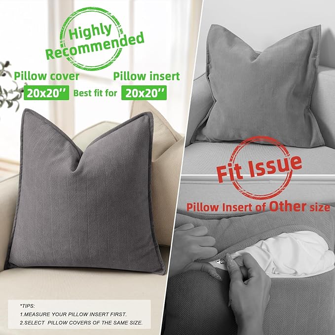 ZWJD Rustic Gray Pillow Covers 20x20 Set of 2 Chenille Throw Pillow Covers with Elegant Design Soft and Luxurious Decorative Throw Pillows for Couch, Bed, and Home Decor
