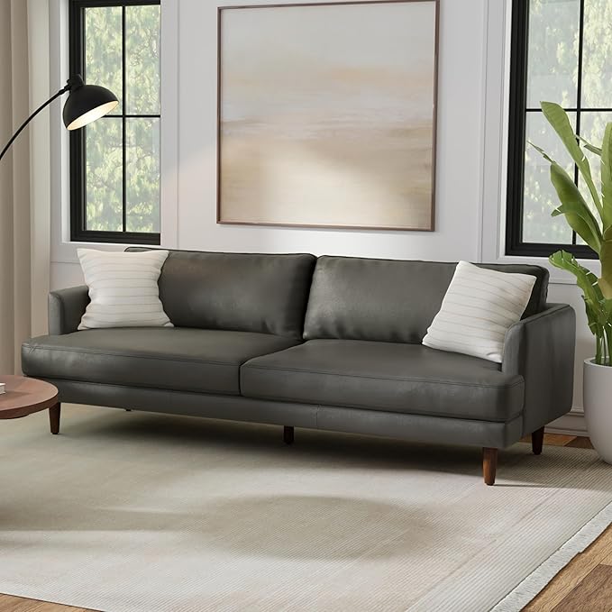 SIMPLIHOME Livingston 90-inch Wide Sofa in Coal Top Grain Genuine Leather, Handcrafted Mid-Century Modern Couch for Living Room, Large 3-Seater with Feather-Wrapped Cushions and Solid Wood Frame