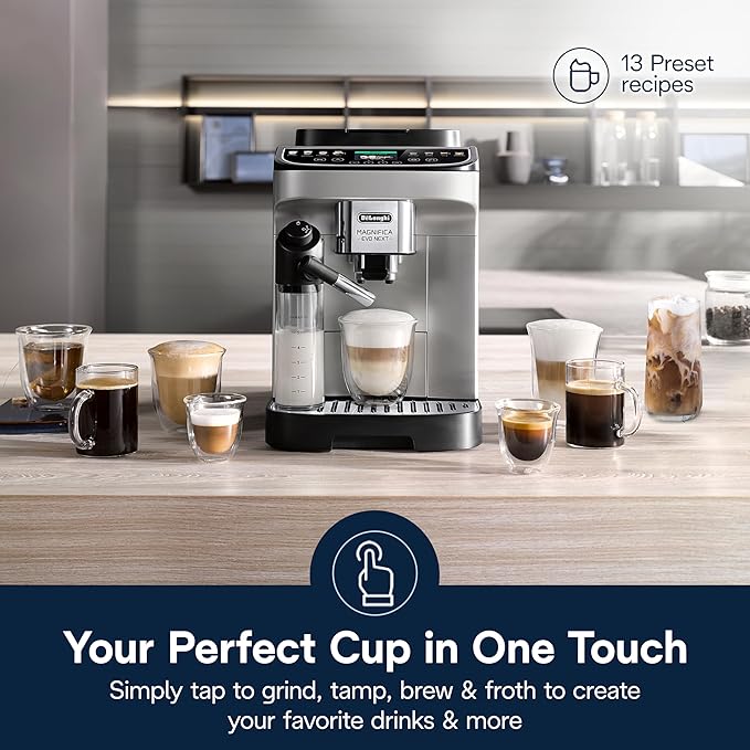 De'Longhi Magnifica Evo Next Fully Automatic Espresso Machine - Programmable Coffee Maker with Grinder and Milk Frother - Hot & Cold Brewer for Espresso, Latte, Cappuccino, Americano, Tea and More