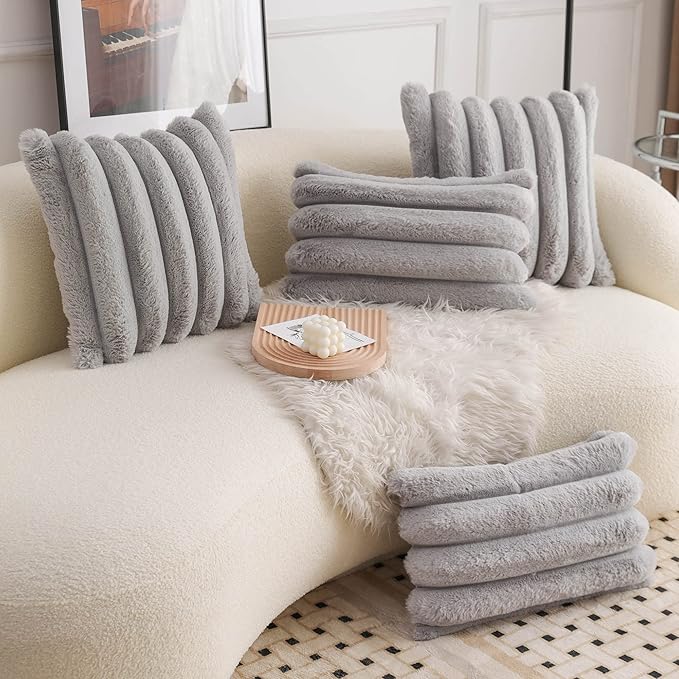 Neelvin Grey Faux Fur Cozy Soft Striped Decorative Throw Pillow Covers 12x20 inch Set of 2,Velvet Pillowcase Cushion Case for Sofa Couch