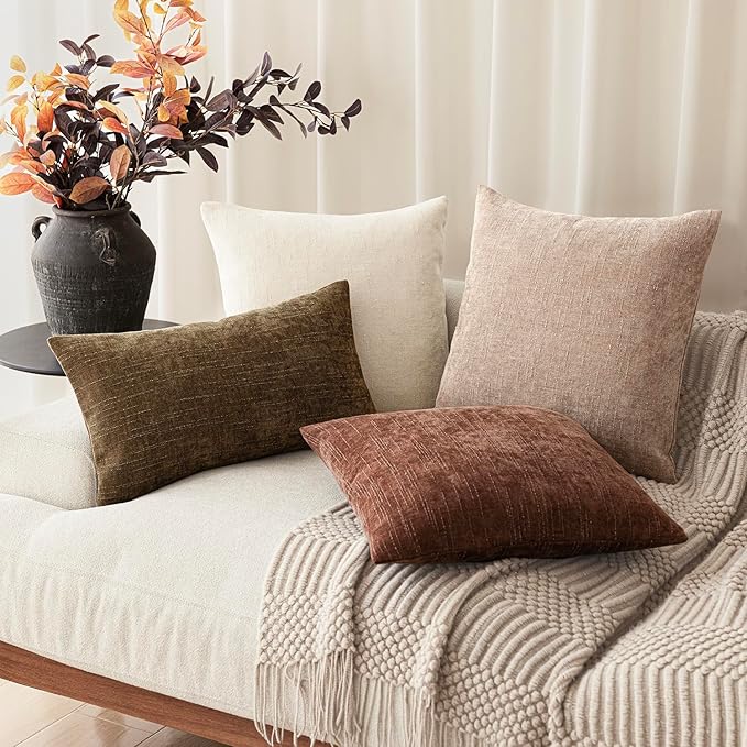 Foindtower Pack of 2 Textured Chenille Throw Decorative Pillow Covers Square Accent Solid Cushion Cover Neutral Farmhouse Lumbar Pillow Case for Couch Sofa Bedroom Living Room 12x20 Inch,Taupe Brown