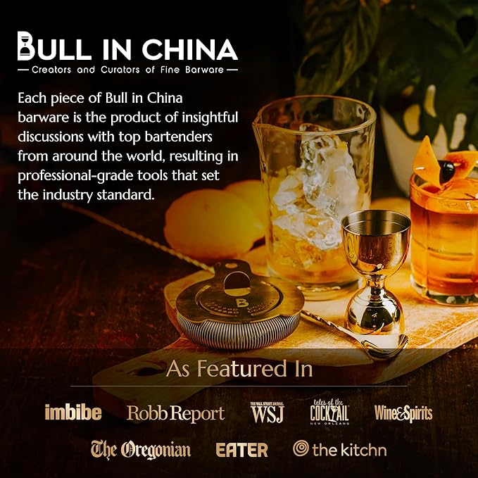 4 Piece Cocktail Kit by Bull In China - Premium Bartender Gift Set Includes Flagship Mixing Glass, 12 inch Barspoon, Bell Jigger & Hawthorne Strainer For Professional & Home Bars (Gold)