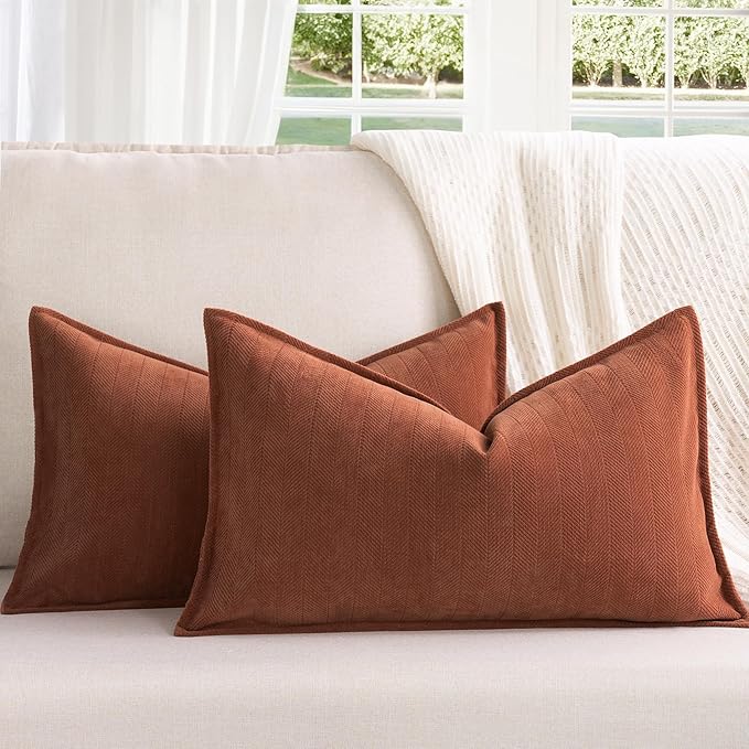 ZWJD Rust Throw Pillow Covers 12x20 Set of 2 Chenille Fall Pillow Covers with Elegant Design Soft and Luxurious Decorative Throw Pillows for Couch, Bed, and Home Decor