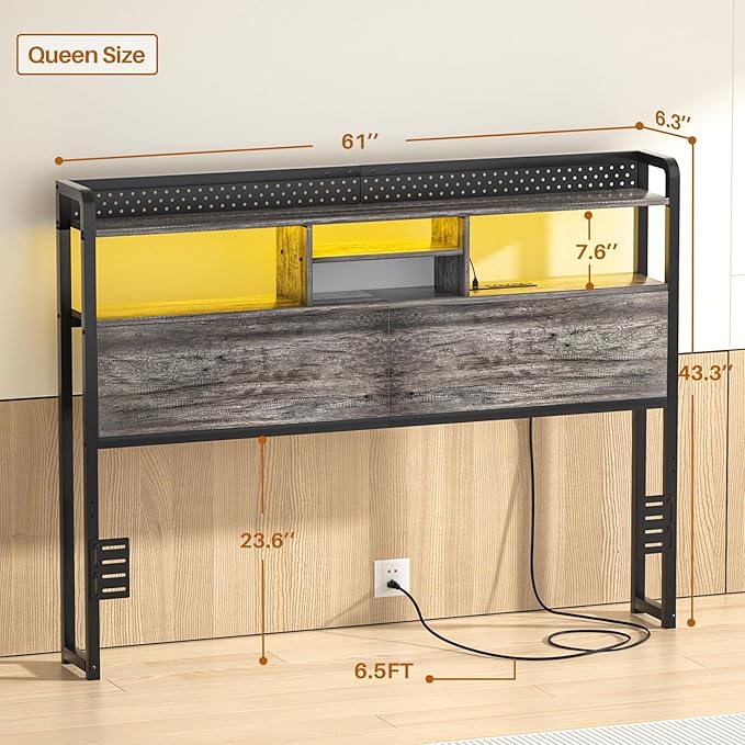 Unikito Headboard for Queen Size Bed with Storage Shelf, Head Board with 3 Outlets and 2 USB Ports, Headboards with RGB LED Light, Height Adjustable, Sturdy and Stable, Easy Assembly, Black Oak