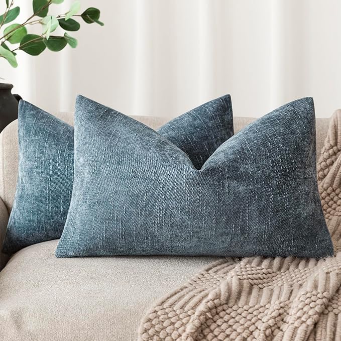 Foindtower Pack of 2 Textured Chenille Throw Decorative Pillow Covers Square Accent Solid Cushion Cover Neutral Farmhouse Lumbar Pillow Case for Couch Sofa Bedroom Living Room 12x20 Inch,Blue