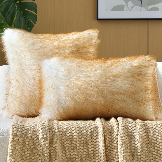 FUTEI Brown White Decorative Throw Pillow Covers 12x20 Inch Set of 2,Soft Fluffy Faux Fox Fur Textured Lumbar Pillow Case,Modern Home Decor for Couch Living Room