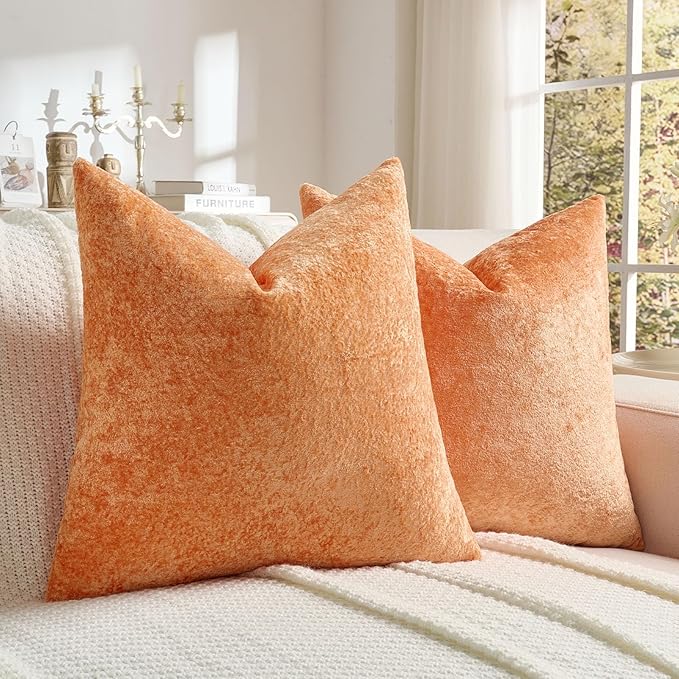 FUTEI Orange Flannel Throw Pillow Covers 18x18 Inch Set of 2,Soft Dimensional Textured Cushion Cases,Modern Home Decor for Couch Living Room