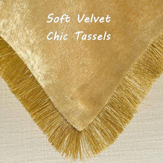 FUTEI Christmas Gold Velvet Decorative Throw Pillow Covers 20x20 Set of 2,Soft Cozy Edge with Tassels Cushion Case,Boho Modern Home Decor for Couch Bed Living Room