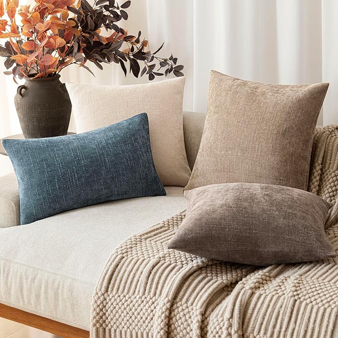 Foindtower Pack of 2 Textured Chenille Throw Decorative Pillow Covers Square Accent Solid Cushion Cover Neutral Farmhouse Lumbar Pillow Case for Couch Sofa Bedroom Living Room 12x20 Inch,Blue
