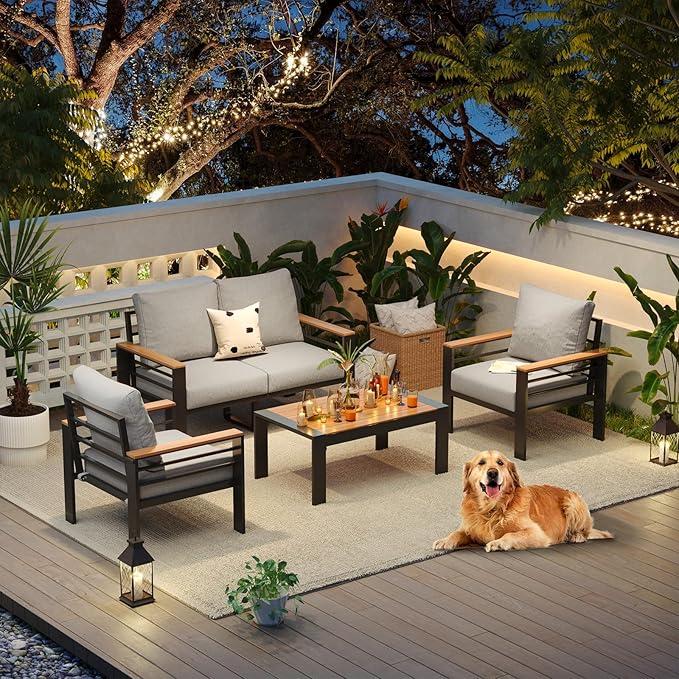 Aoxun Aluminum Patio Furniture Set 4 Seats, Oversized Outdoor Sectional with Washable Thick Cushions, Coffee Table and Waterproof Cover, Patio Conversation Sets for Porch, Balcony, Deck