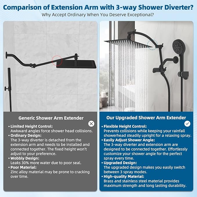 Hibbent All Metal Shower Head, 8'' High Pressure Rain Shower Head/Handheld Showerhead Combo with 16'' Adjustable Arc-shaped Extension Arm, 10 Sprays, 71'' Hose, Showerhead Holder, Matte Black