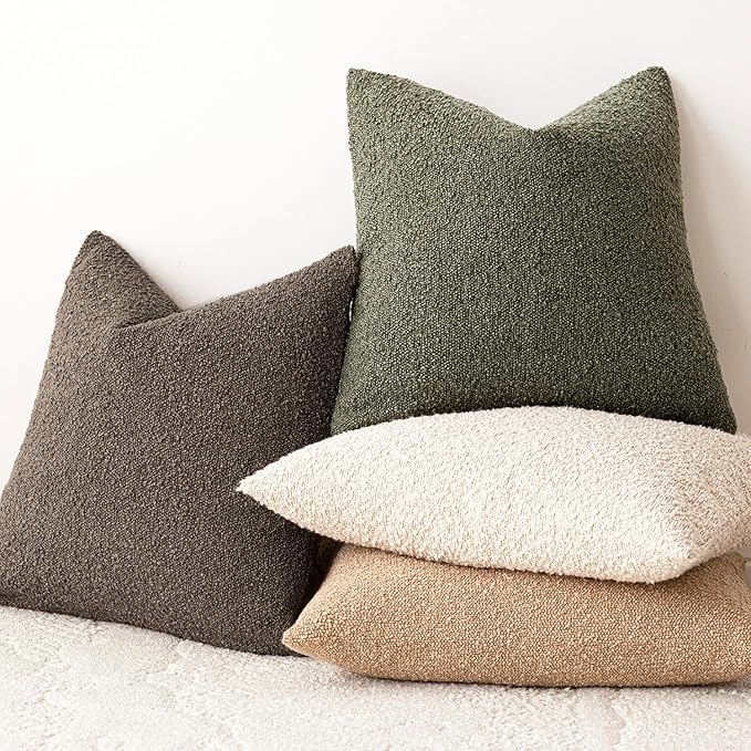 Foindtower Set of 2, Decorative Textured Boucle Throw Pillow Covers Accent Solid Pillow Cases Neutral Soft Cozy Couch Cushion Case for Chair Sofa Bedroom Living Room Home Decor 16x16 Inch Light Brown