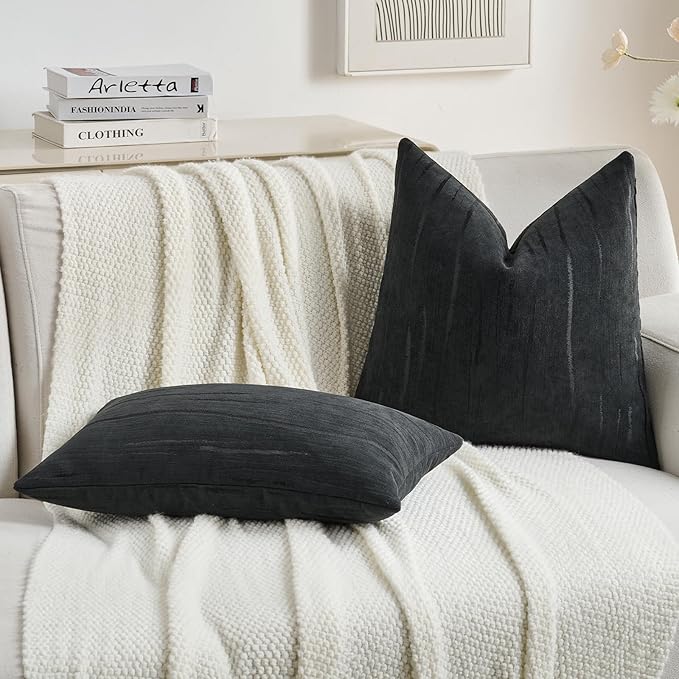 FUTEI Black Chenille Decorative Throw Pillow Covers 18x18 Inch Set of 2,Soft Embossed Striped Textured Cushion Case,Modern Home Decor for Couch Bed Living Room