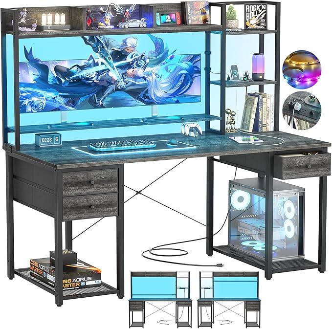 Aheaplus Desk with LED and Outlets, Gaming Desks with Hutch, 55.2'' Computer Desk with Drawers, Reversible Office Desk with Storage Bookshelf Large Workstation with Shelf, Desk for Home, Black Oak