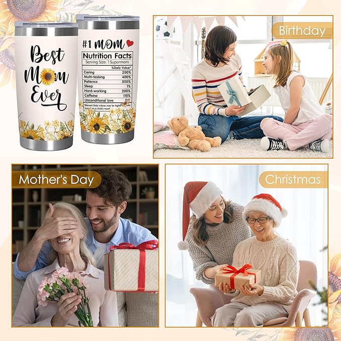 TEEZWONDER Christmas Birthday Gifts for Mom from Daughter Son - #1 Nutrition Facts Sunflower Stainless Steel Insulated Coffee Tumbler with Lid 20 oz - Mothers Birthday Gifts for Mama Grandma Women