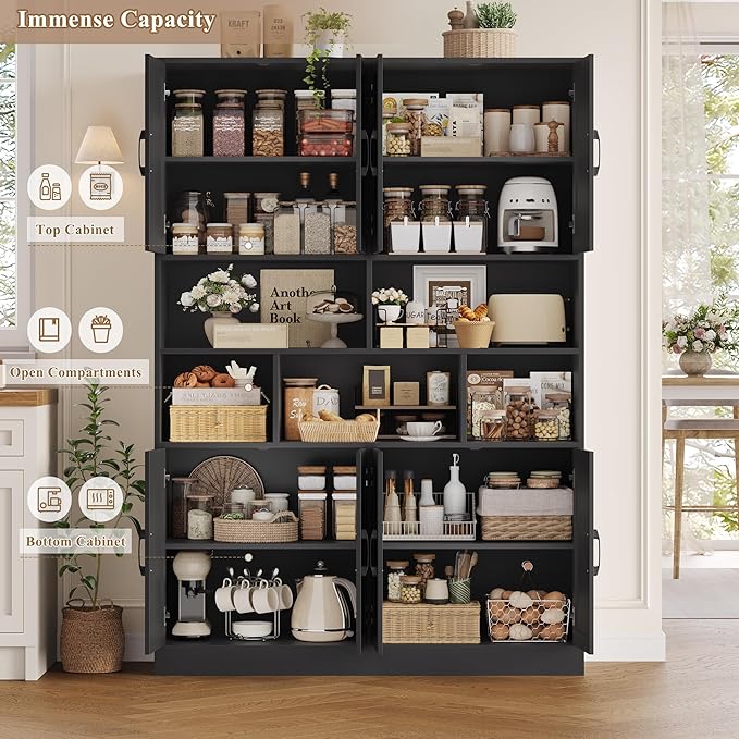 HORSTORS 71" Tall Storage Cabinet, Large Kitchen Cabinet with Deep Shelves and Doors, 47" Freestanding Display Shelf with Storage for Home Office, Living Room, Black