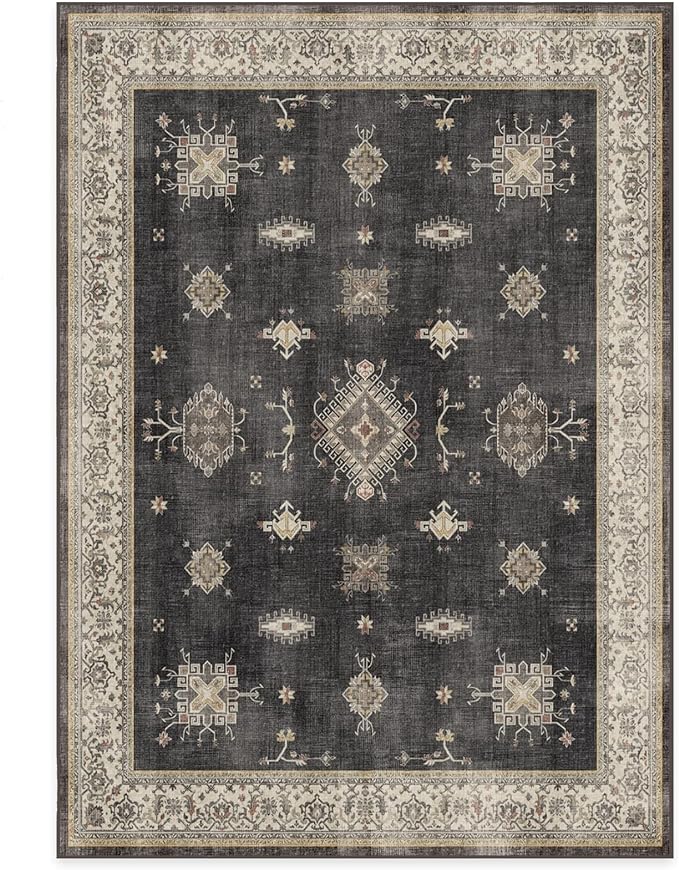RUGGABLE Washable Vintage Area Rug – Verena Dark Wood 6x9, Stain-Resistant, Non-Slip – Medium Machine Washable Rugs for Living Room, Bedroom, Hallway, Entryway & Office–with Cushioned Pad