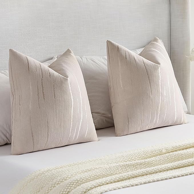 FUTEI Beige Chenille Decorative Throw Pillow Covers 22x22 Inch Set of 2,Soft Embossed Striped Textured Cushion Case,Modern Home Decor for Couch Bed Living Room