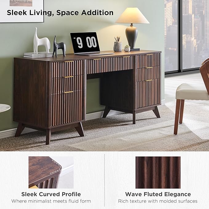 T4TREAM 60'' Fluted Executive Desk with Drawers, Modern Home Office Computer Desk with Charging Station, Keyboard Tray, File Drawer and Storage Cabinet for Study, Living Room, Bedroom, Dark Walnut
