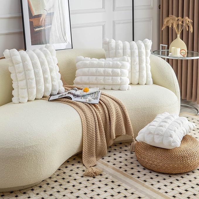 Neelvin Cream White Faux Fur Cozy Soft Plaid Decorative Throw Pillow Covers 16x16 inch Set of 2,Velvet Pillowcase Cushion Case for Sofa Couch