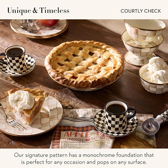 MACKENZIE-CHILDS Set of 2 Stoneware Espresso Cup and Saucer, Cute Coffee Cups, Black-and-White Courtly Check