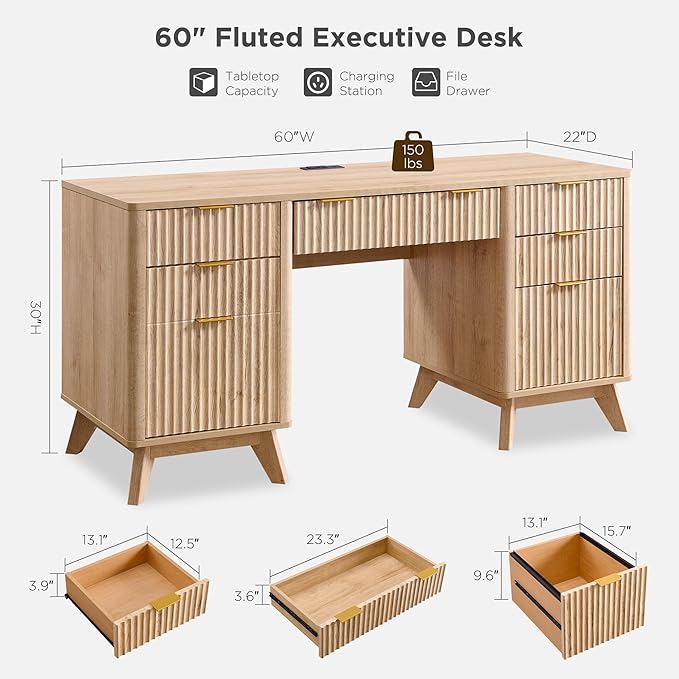 T4TREAM 60'' Fluted Executive Desk with Drawers, Modern Home Office Computer Desk with Charging Station, Keyboard Tray, File Drawer and Storage Cabinet for Study, Living Room, Bedroom, Natural Oak