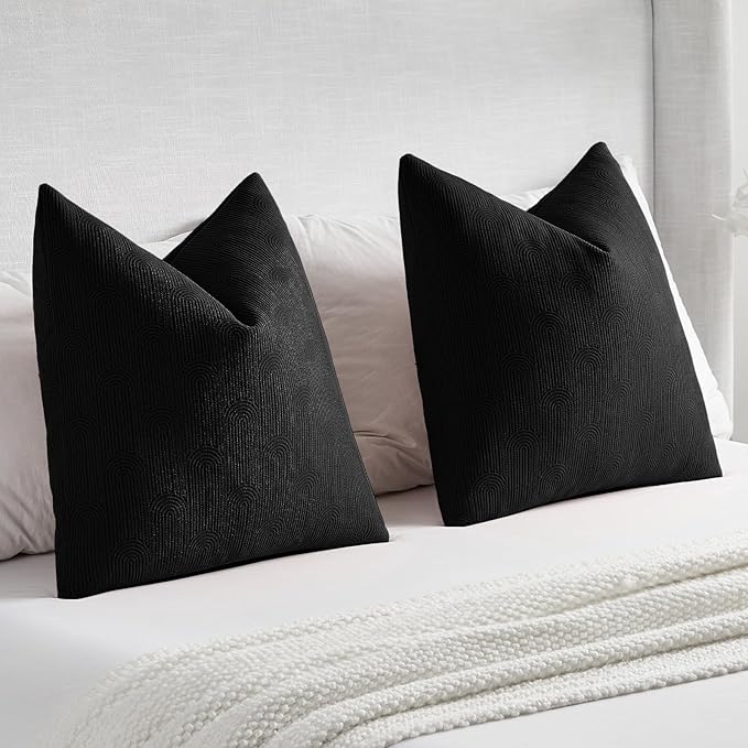 FUTEI Black Chenille Decorative Throw Pillow Covers 26x26 Inch Set of 2,Soft Cozy Striped Geometric Patterns Euro Pillow Shams,Modern Home Decor for Couch Bed Living Room