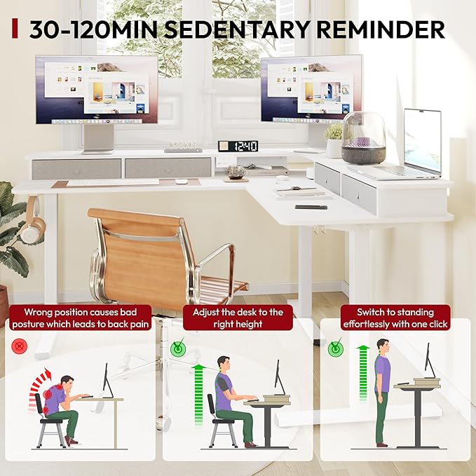 SANODESK 63" L Shaped Standing Desk with 3 Drawers, Height Adjustable Stand up Desk, Corner Gaming Desk with Monitor Stand, White Frame/White Top