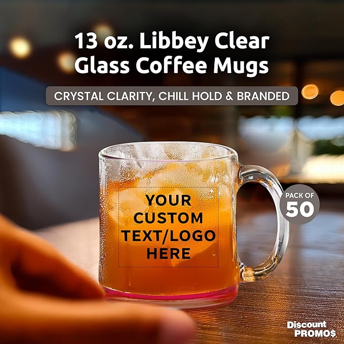 Custom Libbey Clear Glass Coffee Mugs 13 oz. Set of 50, Personalized Bulk Pack - Perfect for Coffee, Tea, Espresso, Hot Cocoa, Other Beverages - Pink Bottom